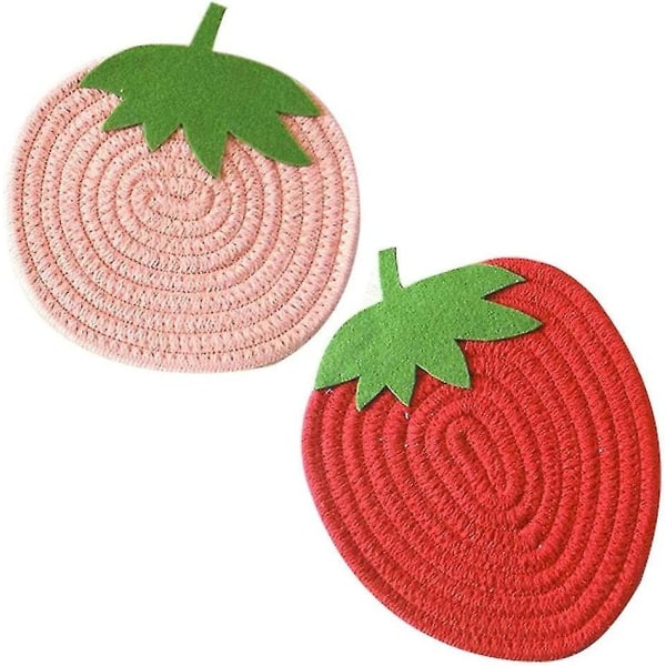Jordbærfrugt dækkeserviet, bomuldsfadmåtte til spisebord Drikke teskande koppude Grydeholdere til hjemmet (rød +pink2stk)