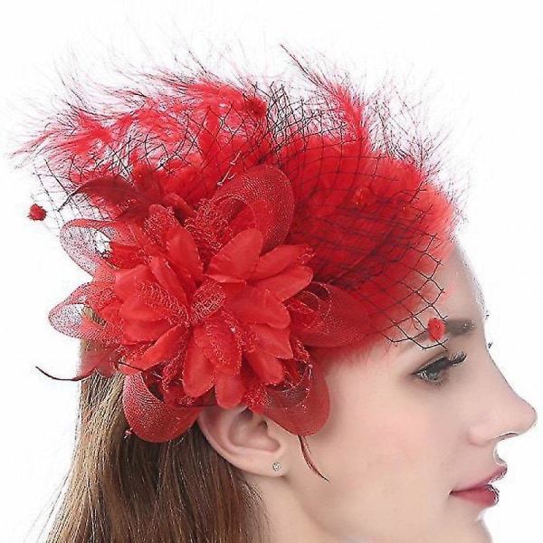 Punaisen ruusun kukka hiuspanta, kukkakorsasi Fascinator hiusnauha nokkakahva naisille tytöille hääjuhlat erikoistilaisuus (1 kpl, punainen)