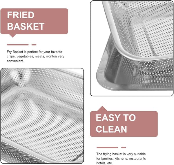 Fritterkurv i rustfritt stål, non-stick, varmebestandig, sølv, rektangulær