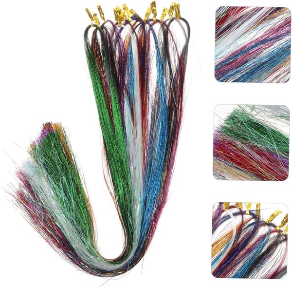 Gulltråd hårforlengelse farger glitter tinsel klips i sett for kvinner jenter