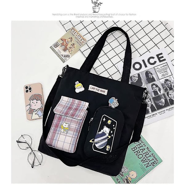 Skoletaske Æstetisk Sød Ita Tasker Crossbody Preppy Tote Taske Kawaii Rygsæk Pung Koreansk Papirvarer (sort, One Size)