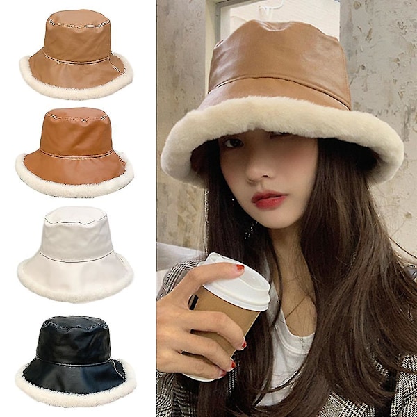 Koreansk version PU-läder plysch fiskarehatt All-match hinkhatt Bred brätte Caramel