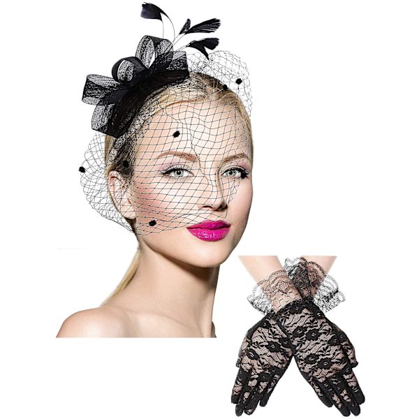 Jousipaikka Fascinator Hat Höyhenet Hiusnauha Ja Lyhyet Pitsihanskat Kukallinen Pitsihanskat