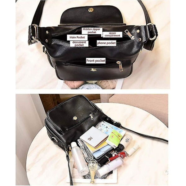Damer PU-läder Crossbody Väska Multi-ficka Messenger Väskor Handväska (svart) - Svart