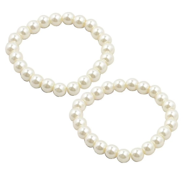 2 stk Hvite Faux Pearls Beaded Elastisk Armbånd Håndledd Ornament For