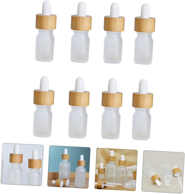 Eterisk olja droppflaskor med enkel press flytande syntetiskt material glas påfyllningsbara 8st