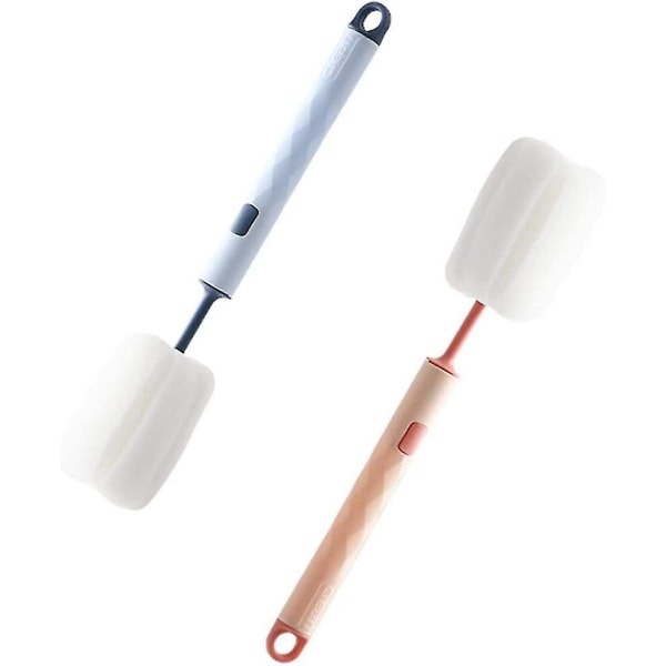 Svampflaskrenare med långt handtag, flaskrenareborste, avtagbar flaskrenareborste för rengöring av koppar, flaskor, blå och rosa, 2-pack