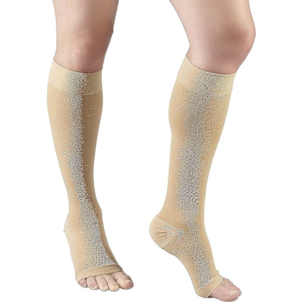 30-40 Mmhg Kompressionsstrømper til Mænd og Kvinder, Knæhøje, Åben Tå, Beige, Medium