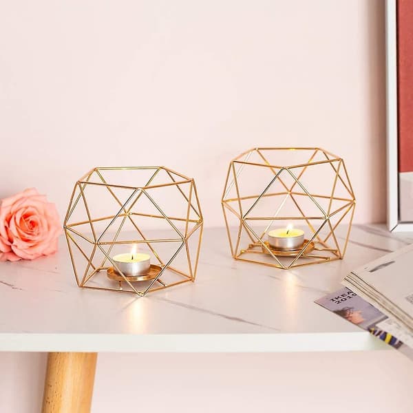 Tealysholder - 2 stk. Guld Post Kandelaber Geometrisk Tealysholder
