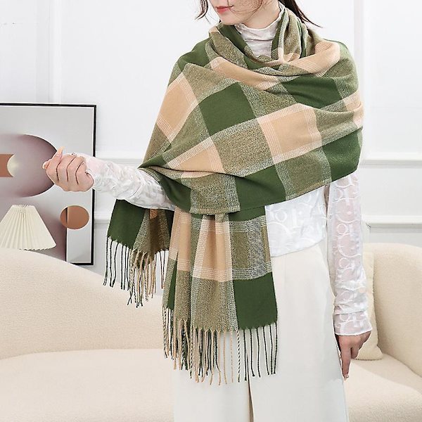 Rutete pledd-sjal for kvinner, damemote vintervarm lang sjekket sjal og wraps Green