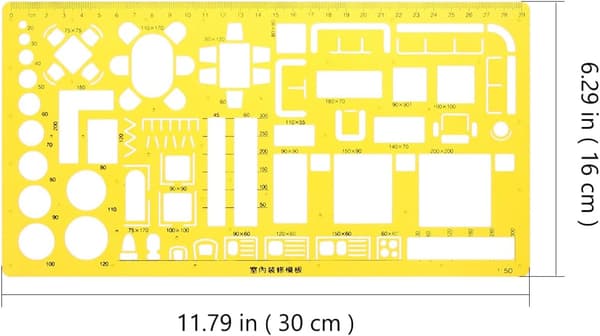 6 stk. multifunksjonelle tegne-linjaler, arkitektskalaer og geometriske maler