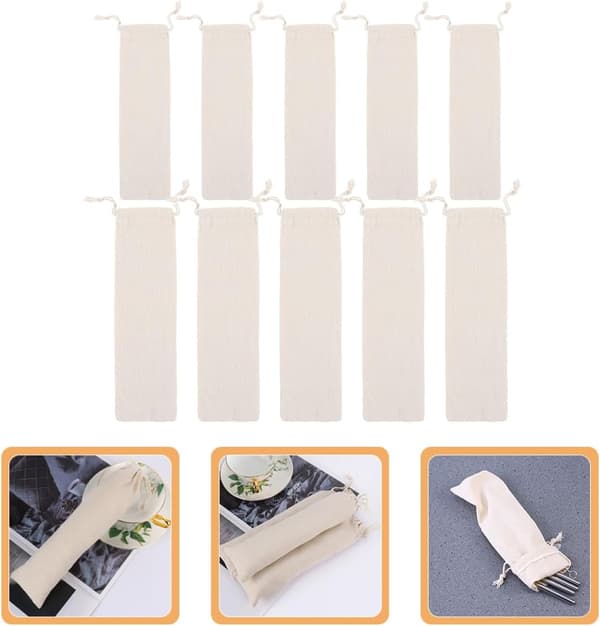 10 st bestickförpackningspåsar bärbara bestickpåsar dragsko sugrörspåse enkel design bomull