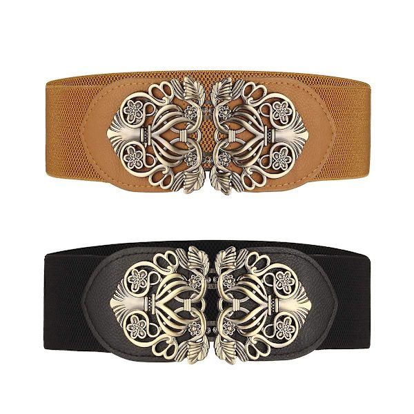 Damernas breda elastiska midjebälte 2-pack Retro damer stretch midjeklänning bälte, svart brunt