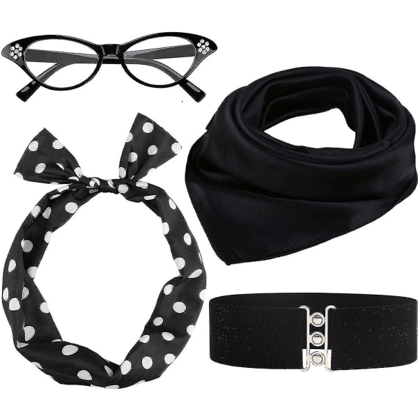 50'er kostumetørklæde Polka Dot Pandebånd Ørering Cat Eye Briller Halstørklæde - Snngv Belt kit