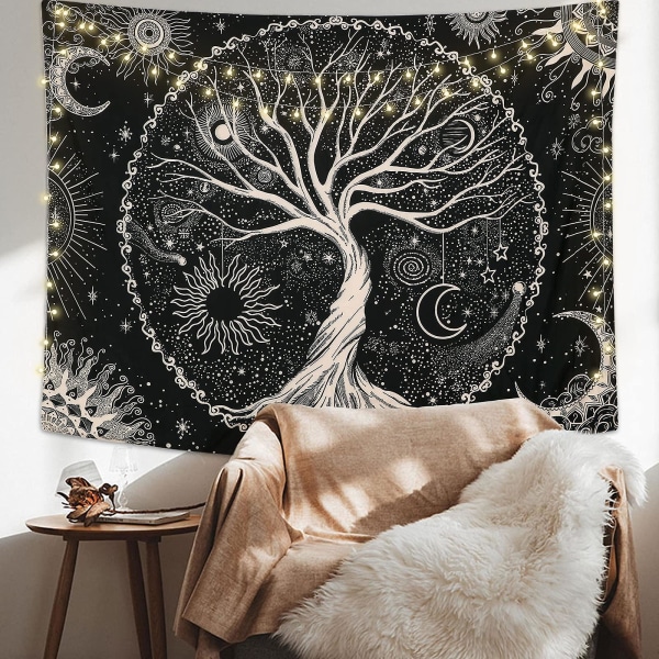 Tree Of Life Tapestry Moon and Black Sun Seinään ripustettava psykedeelinen kuvakudos Starry Mandala Hippie Wall Tapestry Seinäkoristeet makuuhuoneen asuntolan juhliin (130x