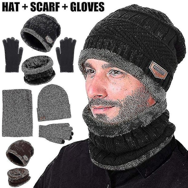 Vintervarm Beanie Hat, Halsklæde og Handsker Sæt Unisex Vintervarm Strikket Beanie Hat Hals Handske Til Mænd Kvinder Black And White