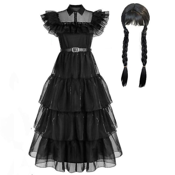 Kvinders Wednesday Addams Kostume Sæt - Gotisk Mesh Kjole og Paryk 2XL With Wig