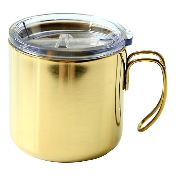 Kaffekrus i rustfrit stål med låg, praktisk krus Ølkrus med låg med håndtag Dobbeltlagskrus (farve: guld) (1 stk)