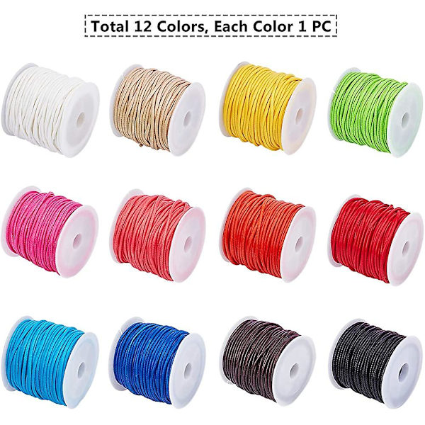 12 Färger 10m/rulle Vaxad Tråd, 2mm Polyester Snöre Vävt Rep för Armband