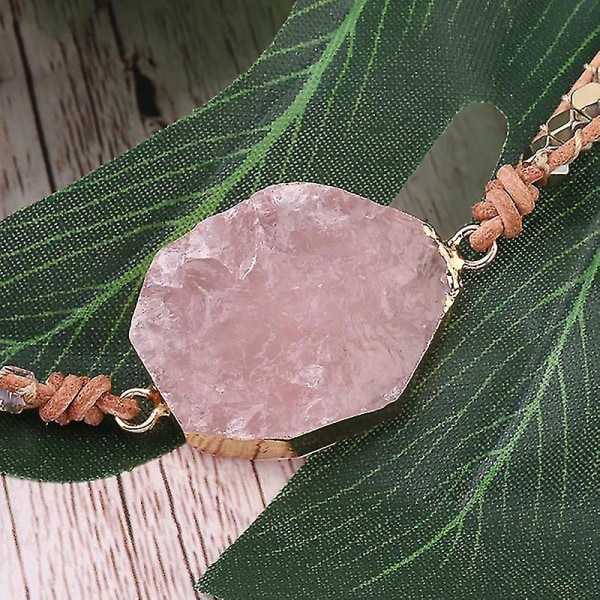Naturstein armbånd rosa kvarts lær wrap armbånd for kvinner krystallperler smykker