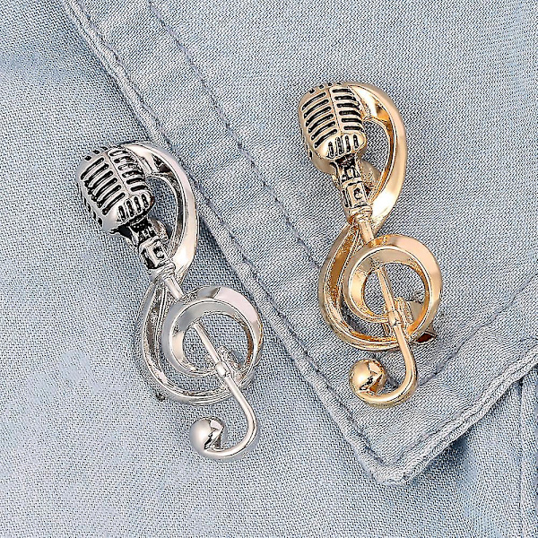 Mikrofon Brosche Solid Elegant Legering Guld Sølv Farve Musik Note Broscher Til Fest 2stk-guld. Sølv
