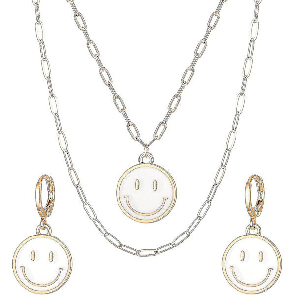 Halsband och örhängen med smiley-ansikte, 14k guld, flerskikts kedja i pappersklippsstil, preppy smycken