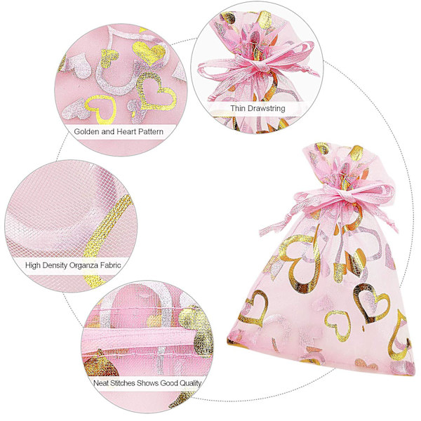 100 stk. 3,5 x 4,7 tommer Ren Pink Trækkesnor Hjerte Organza Gaveposer Bryllup Fest Jul Smykkerposer