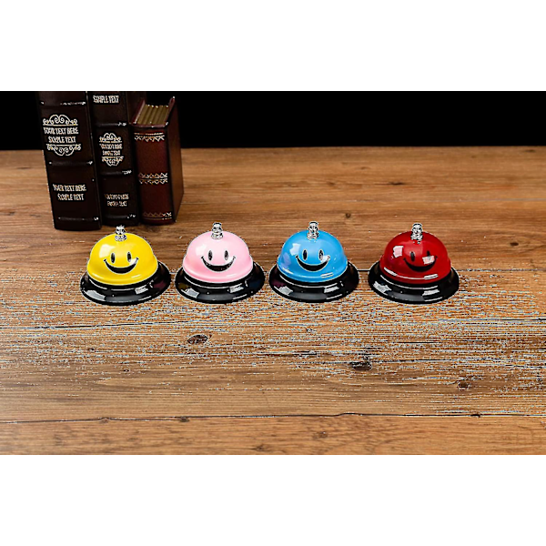 Klocka för att kalla på hjälp, 8,5 cm i diameter, metallklocka, röd smiley, skrivbordsklocka, serviceklocka