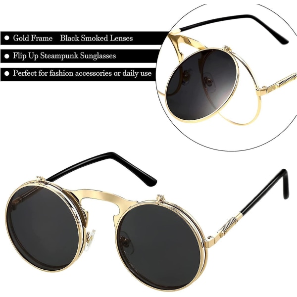 Flip Up Steampunk -aurinkolasit Mustat Goottilaiset Pyöreät Retro Hippi Lasit Miehille ja Naisille