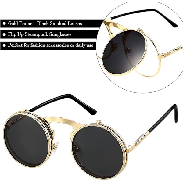 Flip Up Steampunk Solbriller Sorte Gotiske Runde Retro Hippie Briller Til Mænd Kvinder