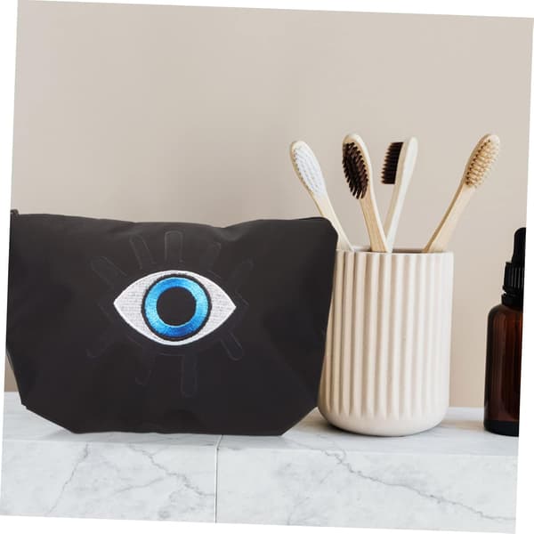 Bærbar Makeup Organizer Taske Evil Eye Print Kosmetiktaske Sort Polyester til Kvinder og Camping Opbevaring