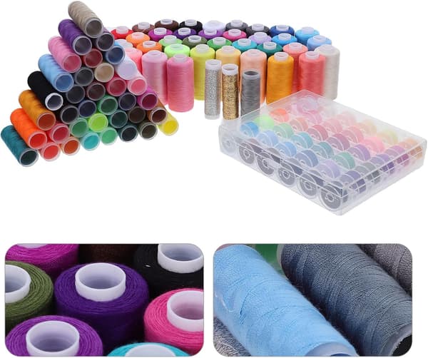111 stk. sysett for maskinquilting, polyesterassortiment, spoleholder og trådsneller