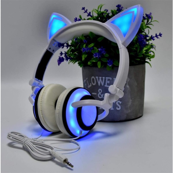 Cat-hodetelefoner for jenter, gutter, blinkende led-hodetelefoner med mikrofon på øret Universal 3,5 mm kablet