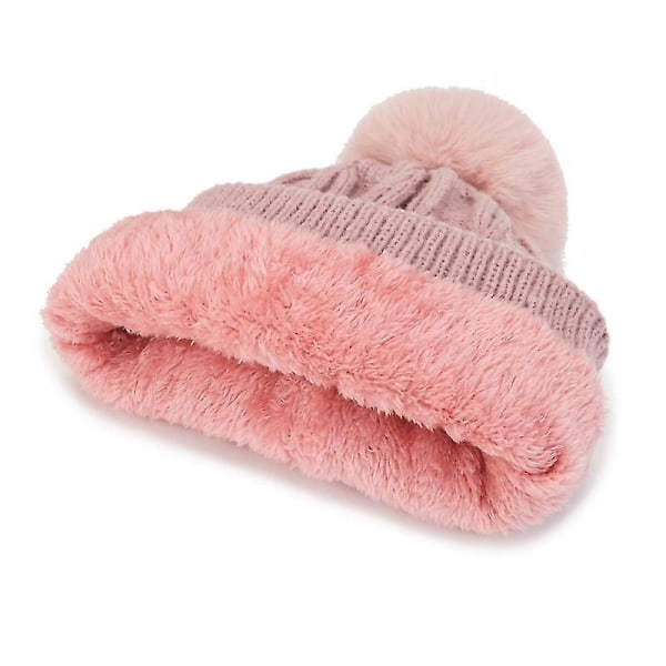 Hatt for kvinner i kabelstrikk, varm vinterlue med pompom, strikket termisk beanie, 1 stk, rosa