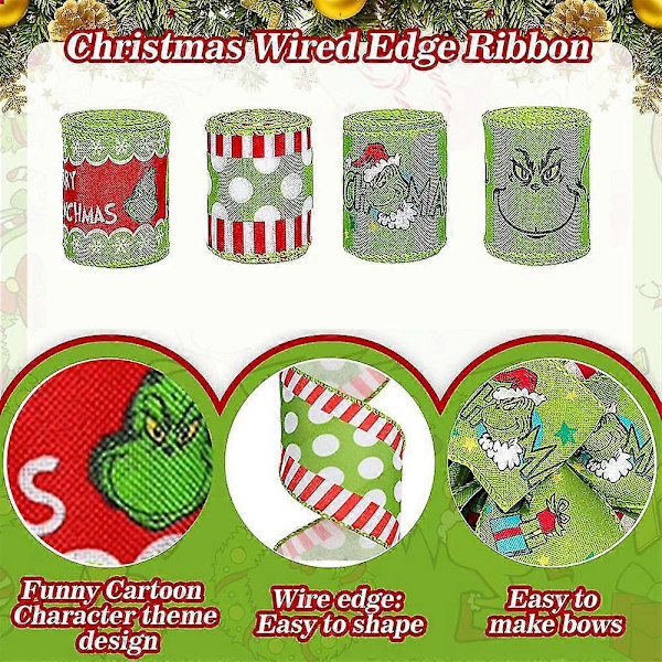 Grinch Julebånd - 4,5m 2,5 tommer Julegave Grinchs Indpakningsbånd, Dekorationer Til Juletræ Krans Bånd B