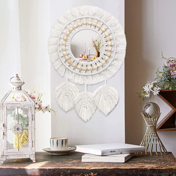 Macrame væghængende spejl med frynser rund væg dekorativt spejl