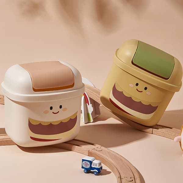 Mini søppelbøtte skrivebord søppelbøtte plassbesparende multifunksjonell plast søt hamburgerstil