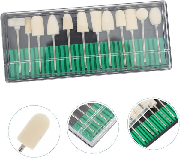 12 stk. Manicure Borebit Sæt med Uld og Rustfrit Stål, Renser og Sliber Gelnegle