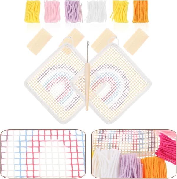 DIY Broderi Coaster Kit Regnbue Lys Beige Latch Hook Sett med Koppmatte Materialer