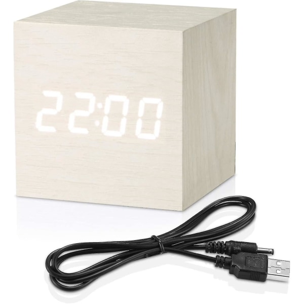Digital väckarklocka Vit, Micar Wood Led Light Mini Modern Cube Skrivbordsväckarklocka Visar Tid Datum Temperatur För Barn, Sovrum, Hem, Sovsal, T