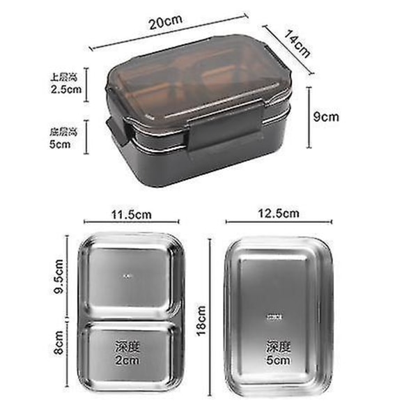 Lunsjboks i rustfritt stål 304 for barn, Bento-boks med to lag for matbeholder for studenter, med bestikk og lunsjpose, kjøkken | Lunsjbokser (svart)