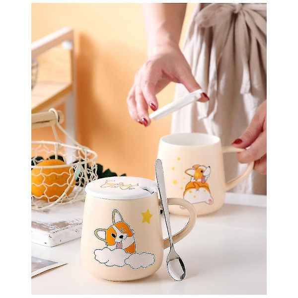 Tegneserie Mønster Corgi Keramik Kaffe Kops Låg Ske Yellow