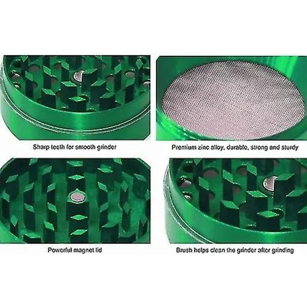 Stor örtkryddkvarn, metall rökkvarn platt 4-lagers 50 mm diameter manuell kvarn (färg: grön) (1 st)