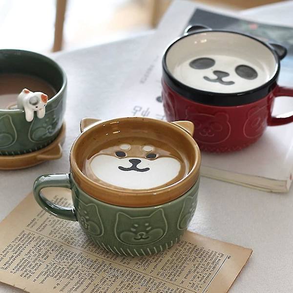 Japansk Sød Keramik Shiba Inu Panda Kaffe Kop Med Låg Hjem Par Mælk Morgenmad Kop Vand