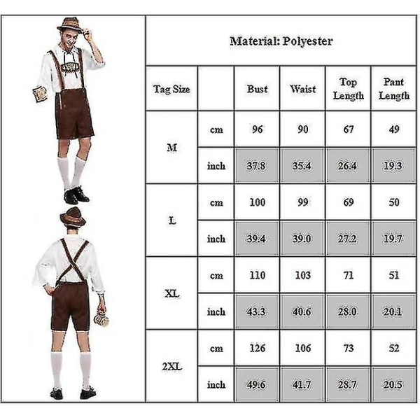 Tysk Oktoberfest Øl Mænd Bavarian Lederhosen Skjorte Hat Sæt Guy Festival Kostume 2XL