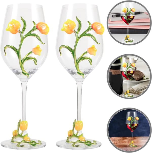 2 stk. tulipanvinglass med stabil base og glatt overflate, glass- og legeringsmateriale