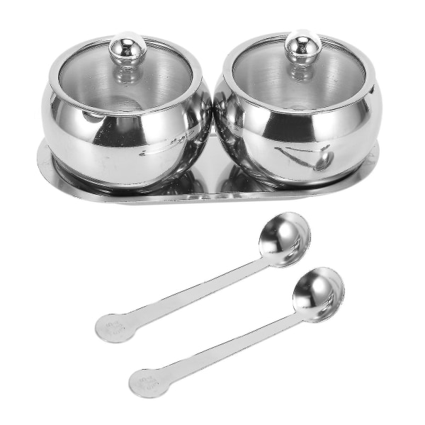 Sockerskål med lock och sked, 2 rostfria kryddburkar, silver