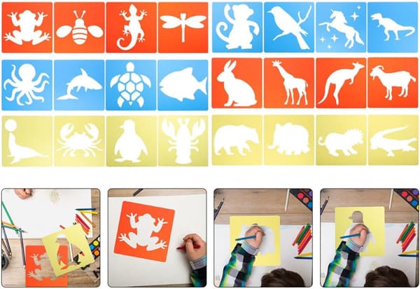 24 st tvättbara gatukritmallar för, plastdjurformade målnings-DIY-mallar