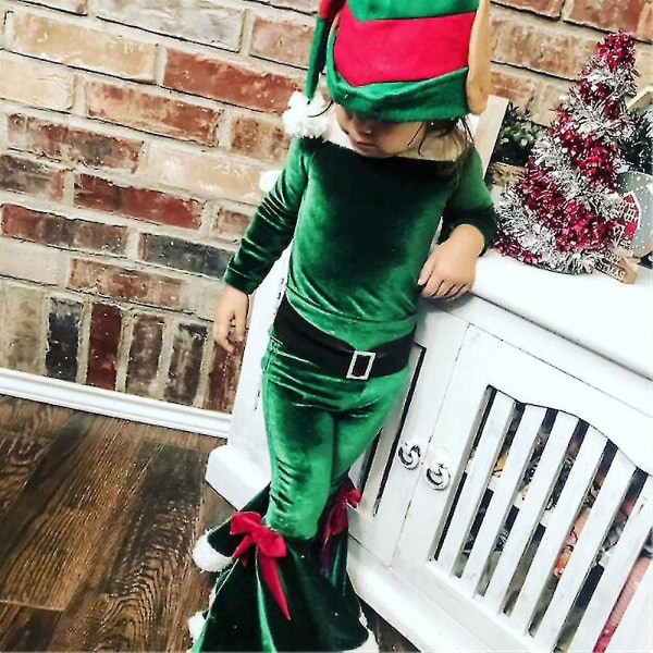 Jenter Klær Sett Erme Topp Flared Bottoms Xmas Santa Claus Costume 5-6 Years Green
