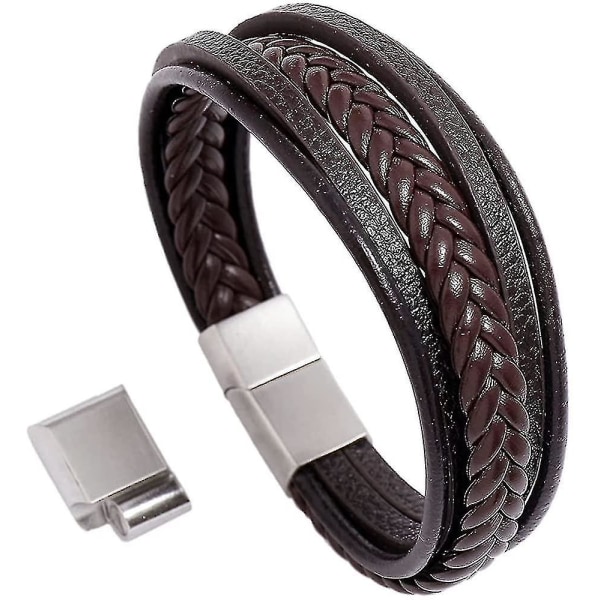 Läderarmband för män, justerbart med magnetiskt spänne, ko-läder, flerskikts